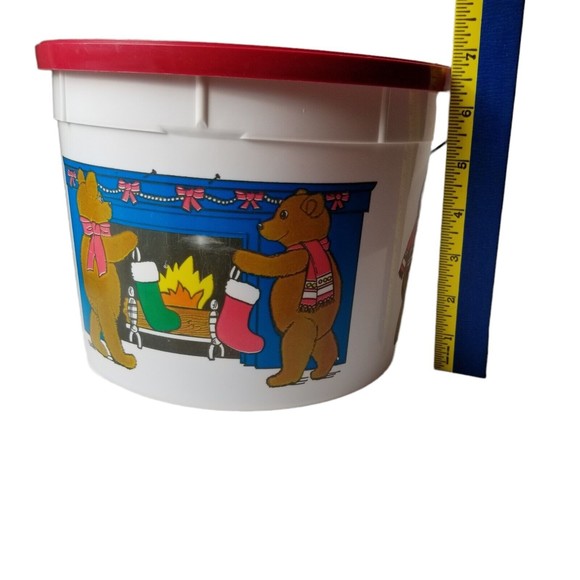 Vintage Christmas Bucket w Lid metal handle Holiday Shamrock Ind 5 Qt Teddy Bear - Picture 6 of 11